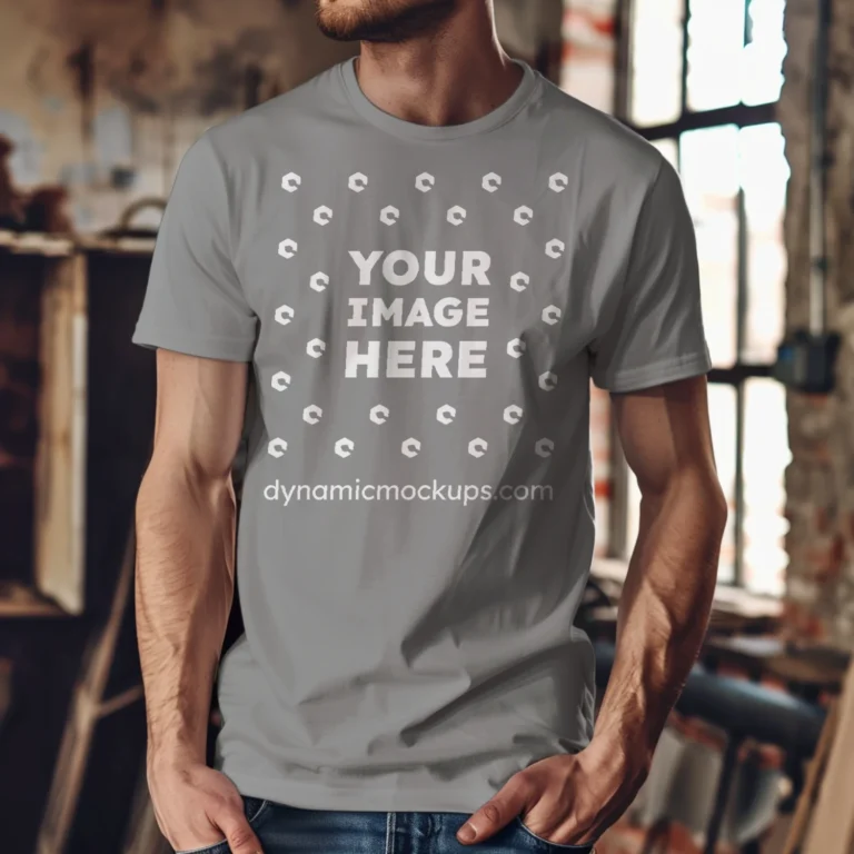 Man Wearing Gray T-shirt Mockup Front View Template