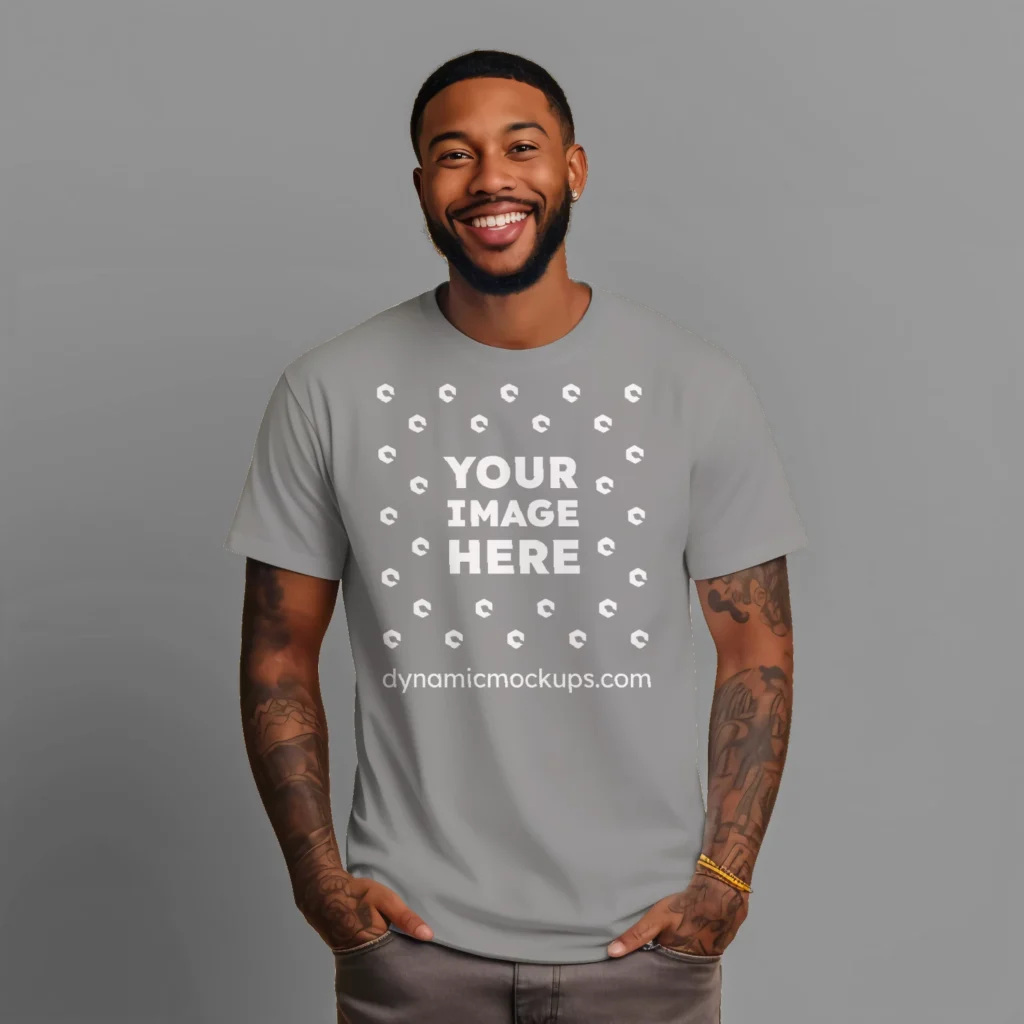 Man Wearing Gray T-shirt Mockup Front View Template