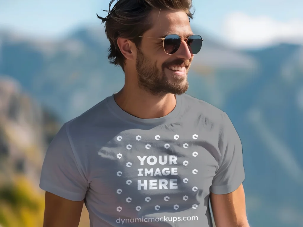 Man Wearing Gray T-shirt Mockup Front View Template