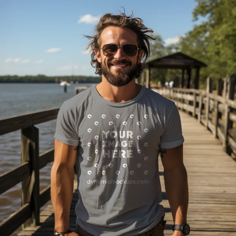 Man Wearing Gray T-shirt Mockup Front View Template