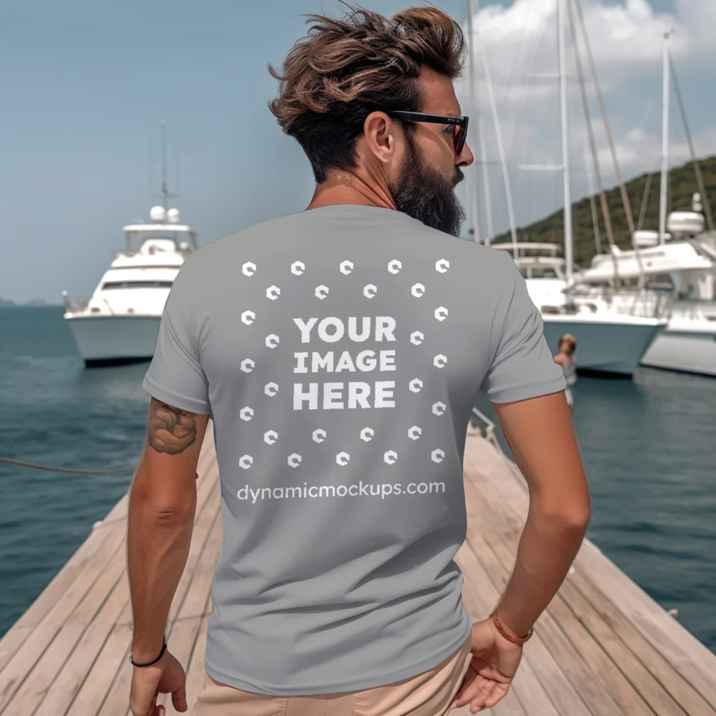 Man Wearing Gray T-shirt Mockup Back View Template