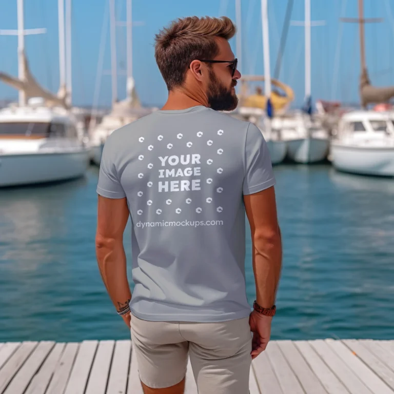 Man Wearing Gray T-shirt Mockup Back View Template