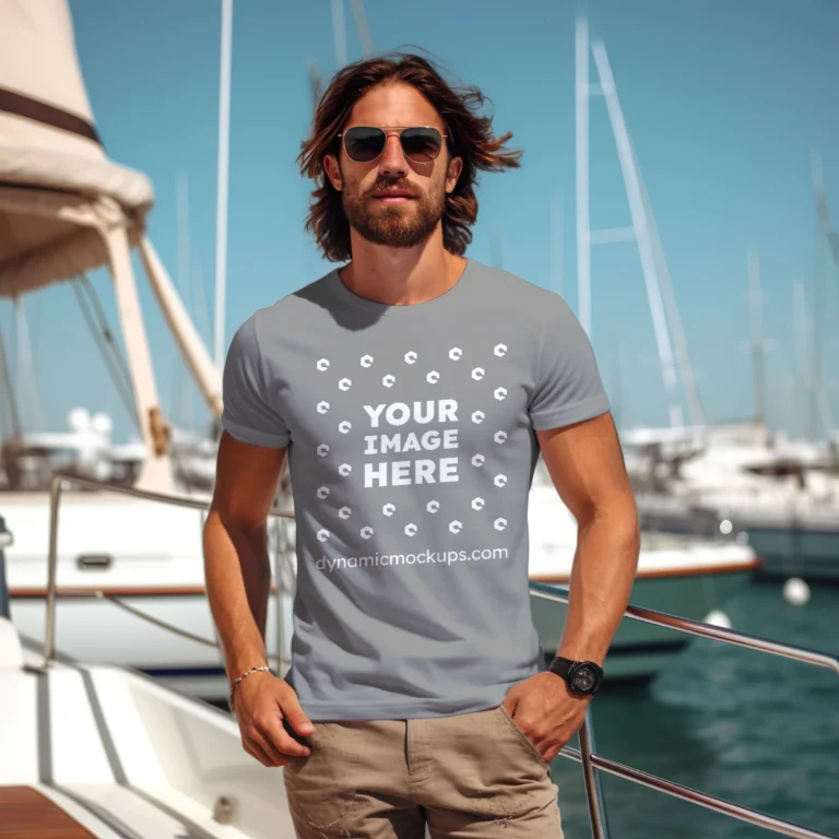 Man Wearing Gray T-shirt Mockup Front View Template