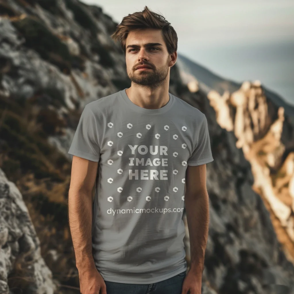 Man Wearing Gray T-shirt Mockup Front View Template