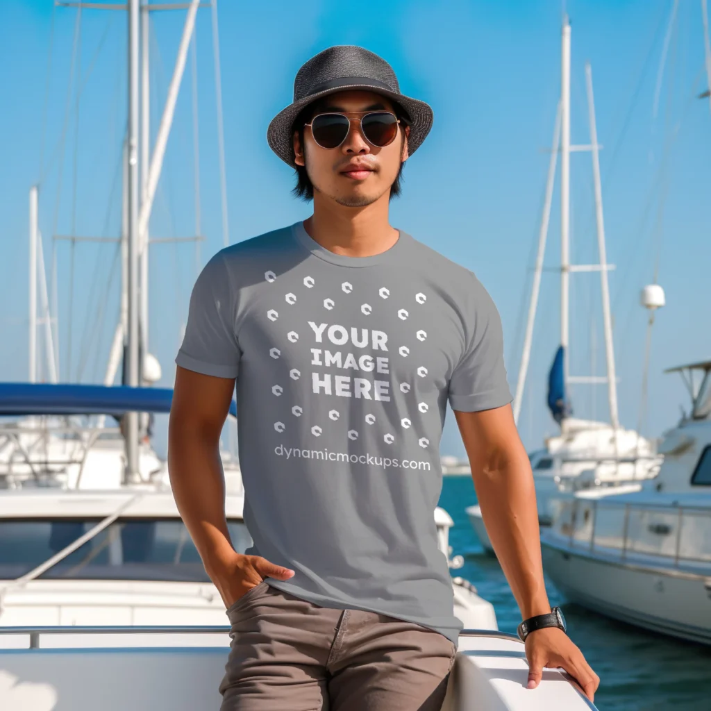 Man Wearing Gray T-shirt Mockup Front View Template