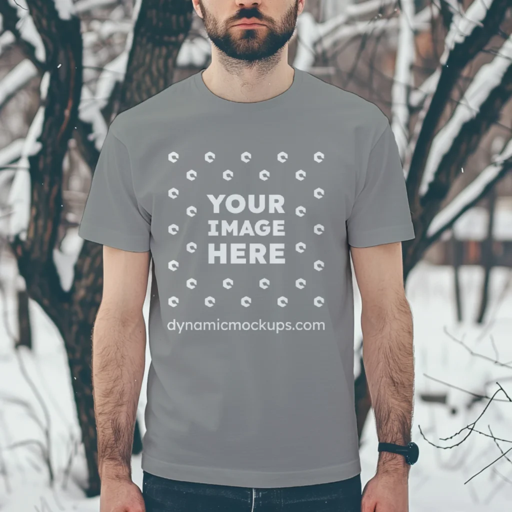 Man Wearing Gray T-shirt Mockup Front View Template