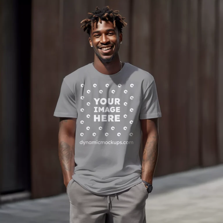 Man Wearing Gray T-shirt Mockup Front View Template