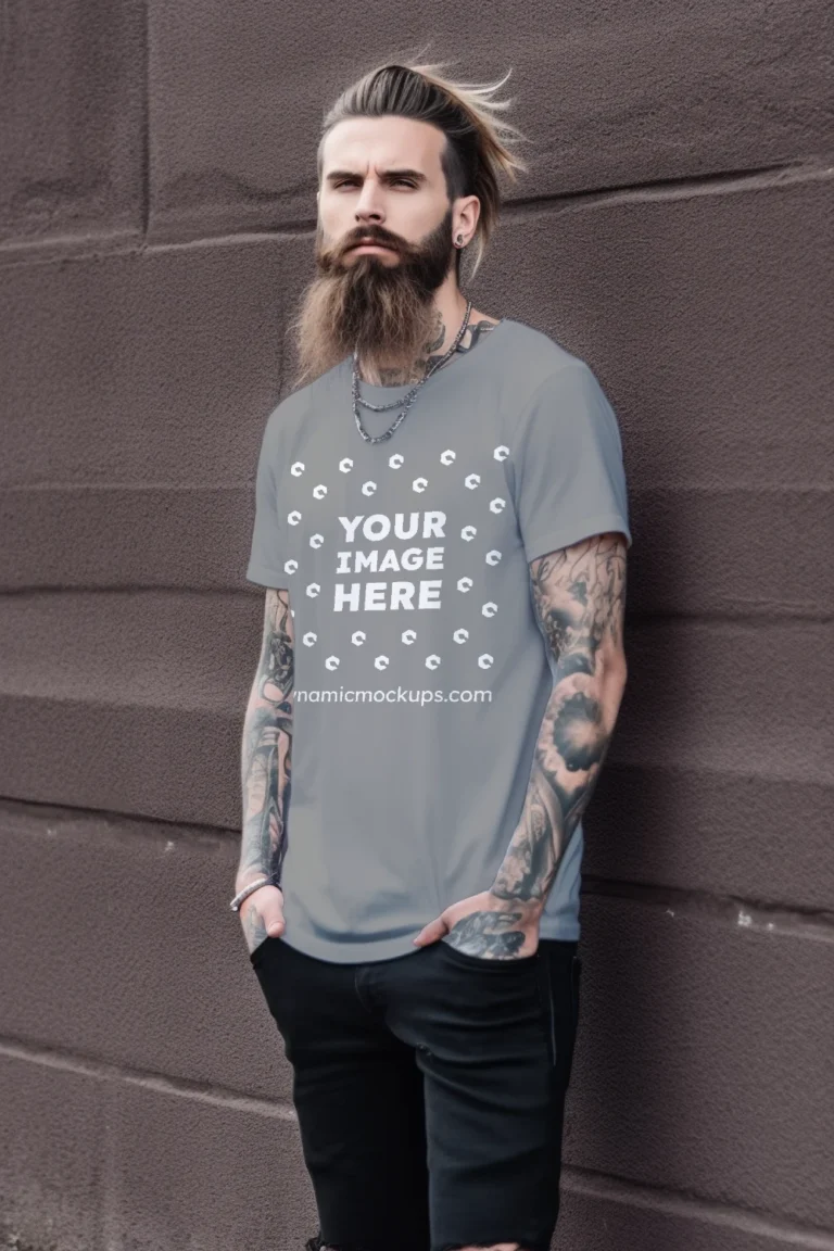 Man Wearing Gray T-shirt Mockup Front View Template