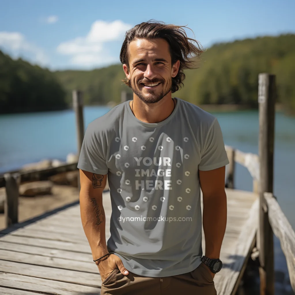 Man Wearing Gray T-shirt Mockup Front View Template