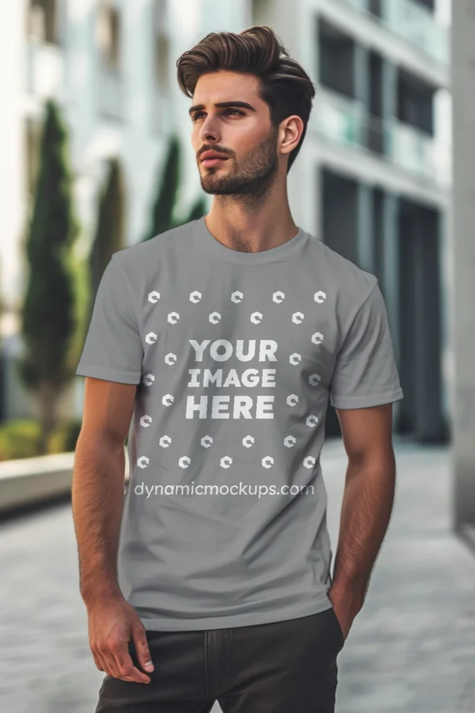 Man Wearing Gray T-shirt Mockup Front View Template