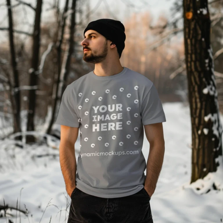 Man Wearing Gray T-shirt Mockup Front View Template