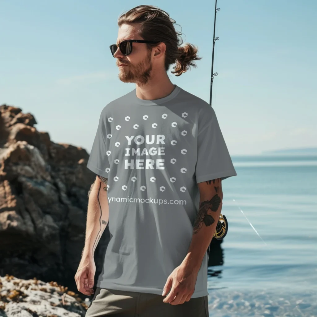 Man Wearing Gray T-shirt Mockup Front View Template