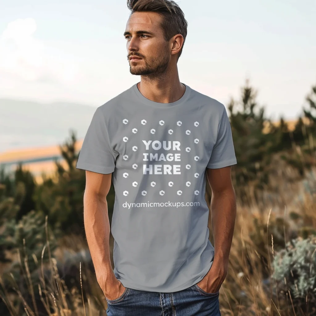 Man Wearing Gray T-shirt Mockup Front View Template