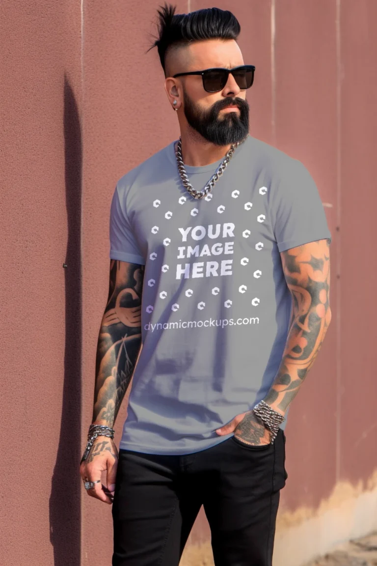 Man Wearing Gray T-shirt Mockup Front View Template