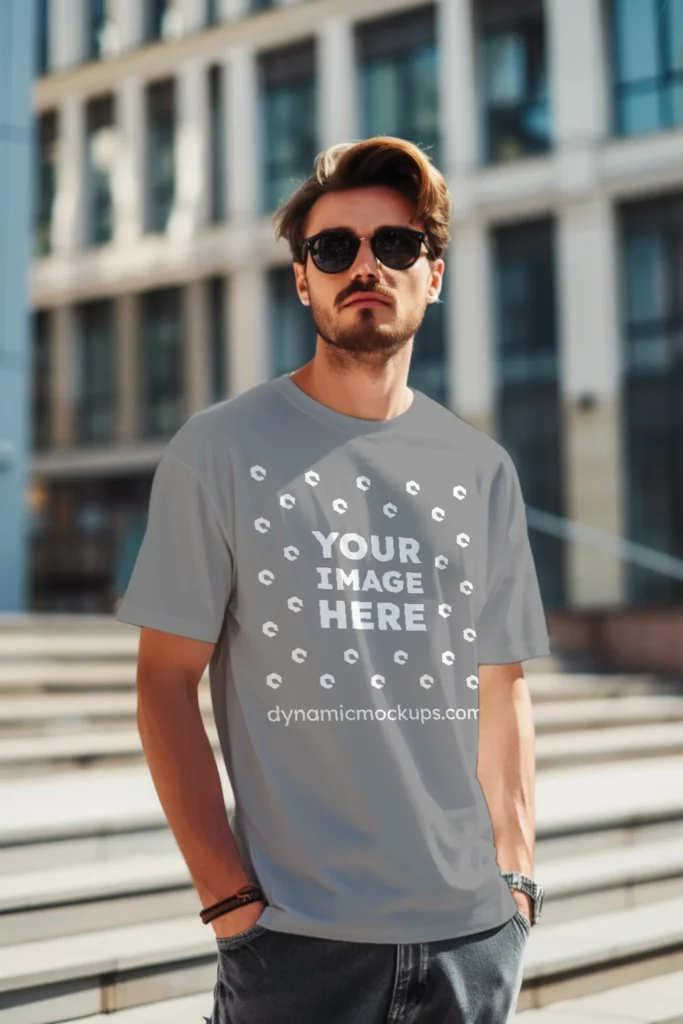 Man Wearing Gray T-shirt Mockup Front View Template