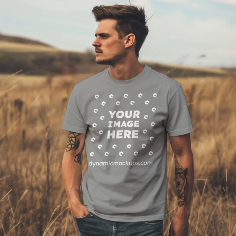 Man Wearing Gray T-shirt Mockup Front View Template