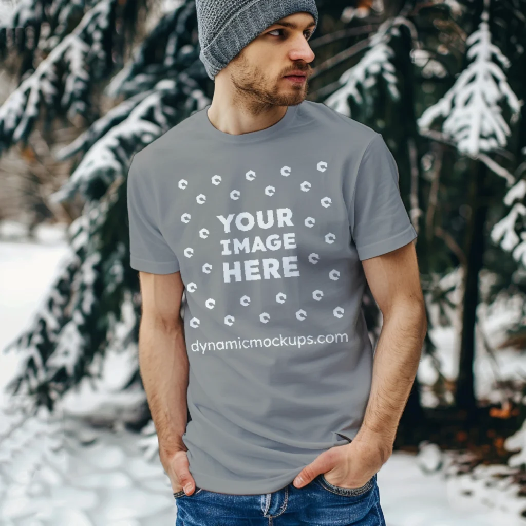 Man Wearing Gray T-shirt Mockup Front View Template