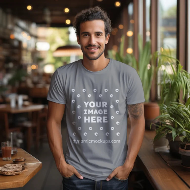 Man Wearing Gray T-shirt Mockup Front View Template