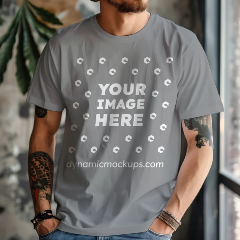 Man Wearing Gray T-shirt Mockup Front View Template