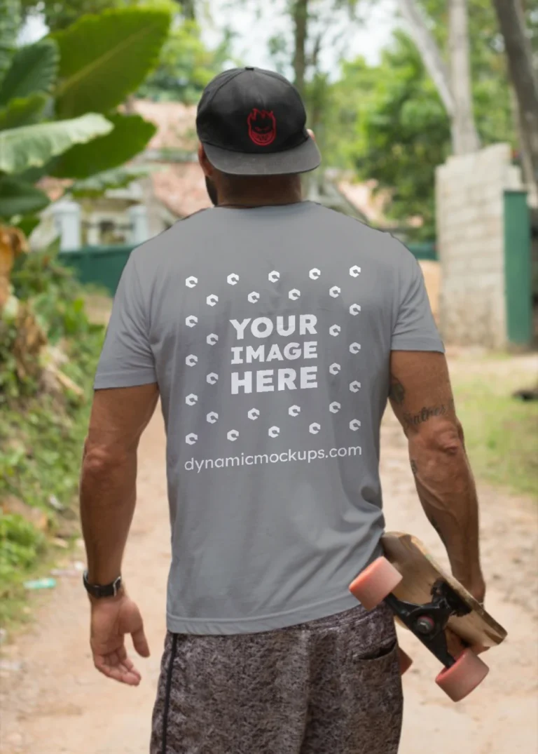 Man Wearing Gray T-shirt Mockup Back View Template