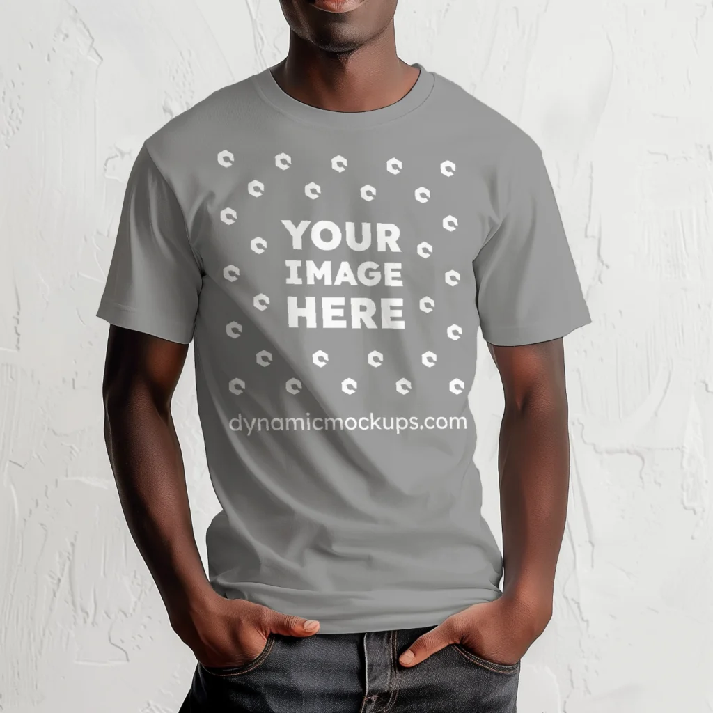 Man Wearing Gray T-shirt Mockup Front View Template