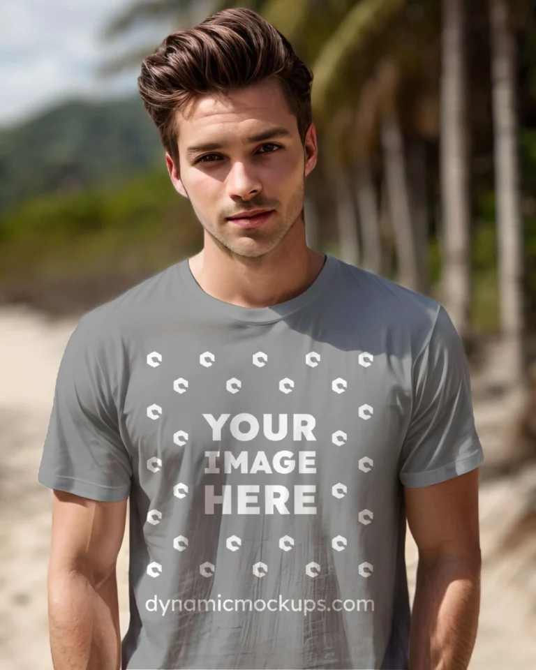 Man Wearing Gray T-shirt Mockup Front View Template