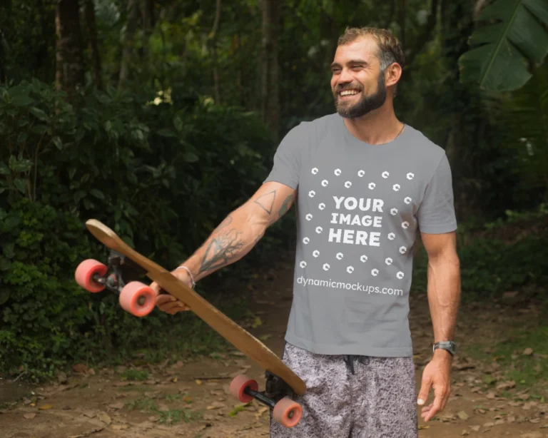 Man Wearing Gray T-shirt Mockup Front View Template