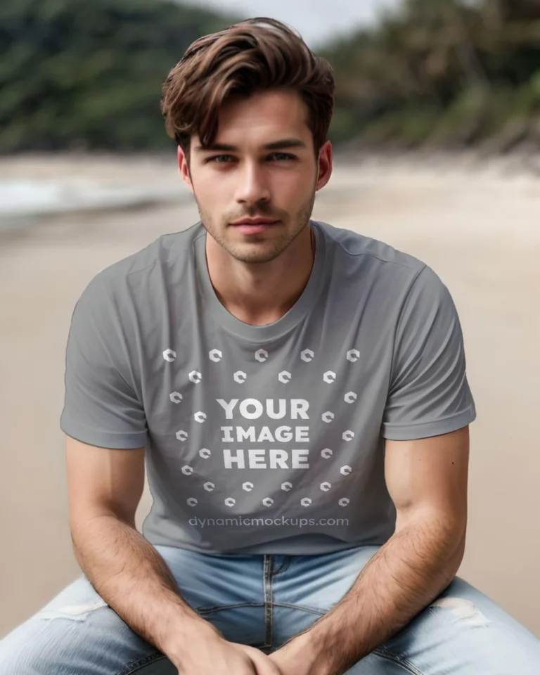 Man Wearing Gray T-shirt Mockup Front View Template