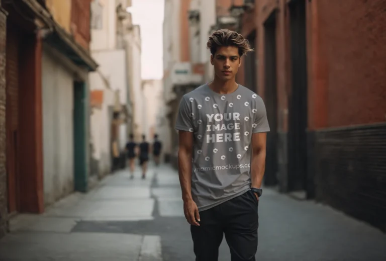 Man Wearing Gray T-shirt Mockup Front View Template