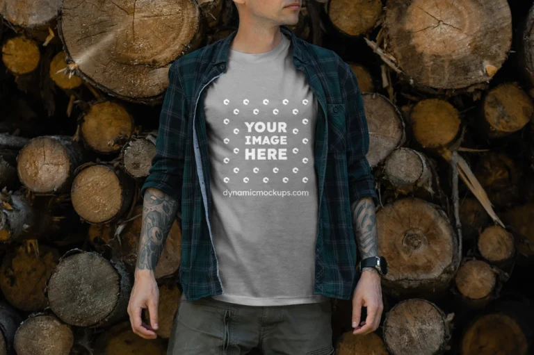 Man Wearing Gray T-shirt Mockup Front View Template