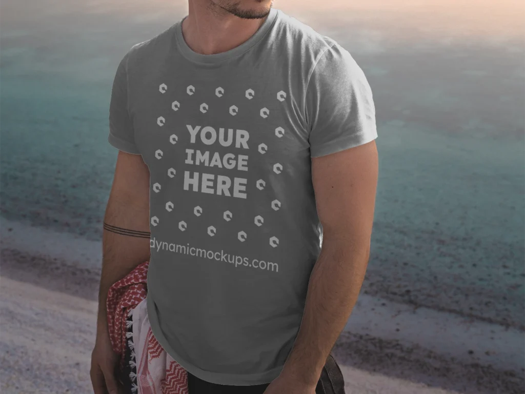 Man Wearing Gray T-shirt Mockup Front View Template