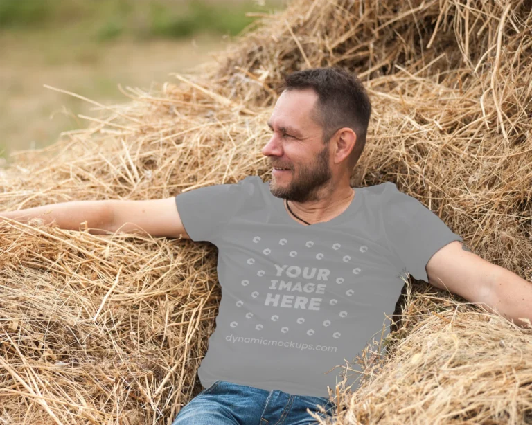 Man Wearing Gray T-shirt Mockup Front View Template