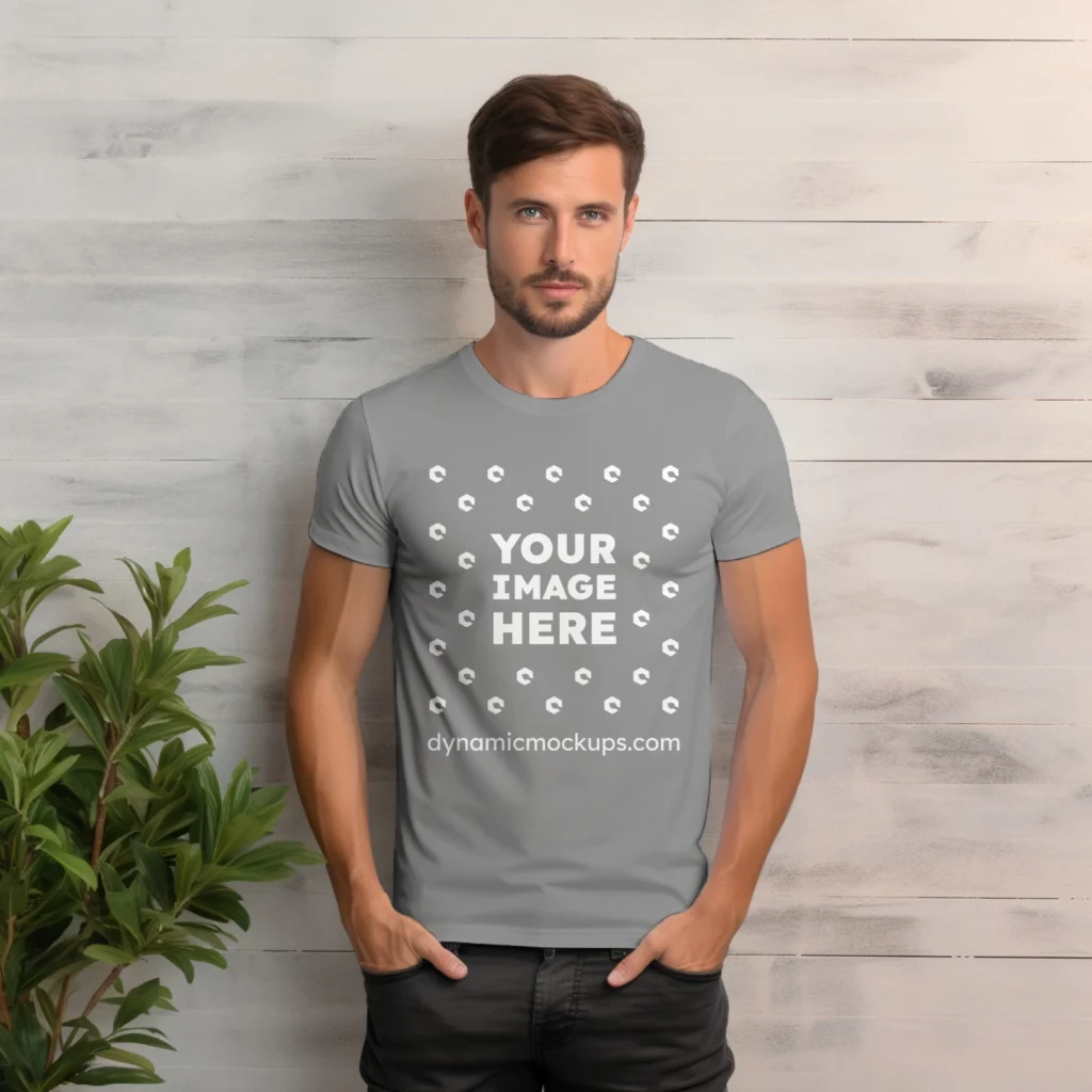 Man Wearing Gray T-shirt Mockup Front View Template