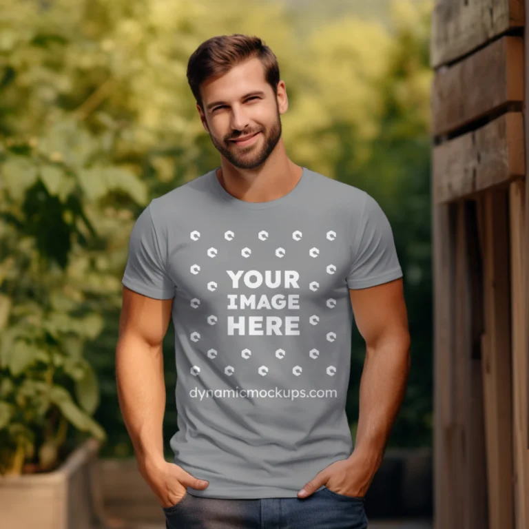 Man Wearing Gray T-shirt Mockup Front View Template