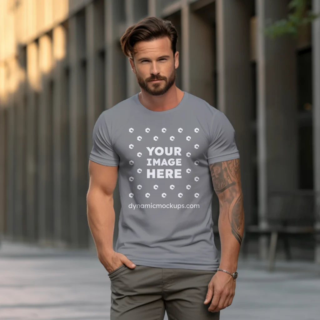 Man Wearing Gray T-shirt Mockup Front View Template