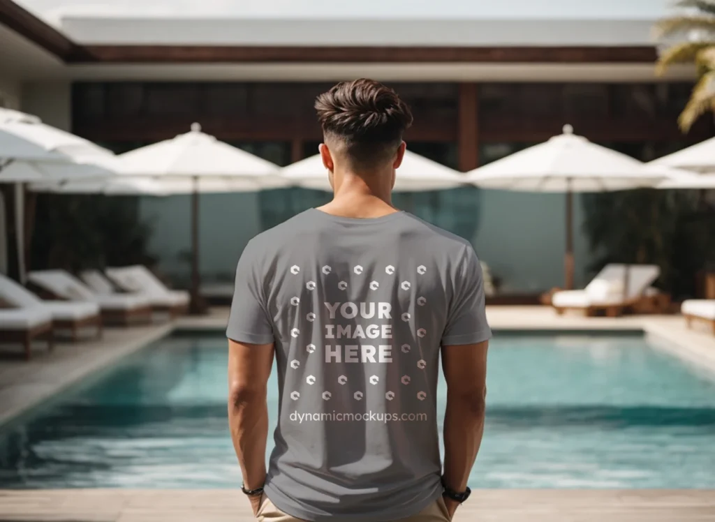 Man Wearing Gray T-shirt Mockup Back View Template