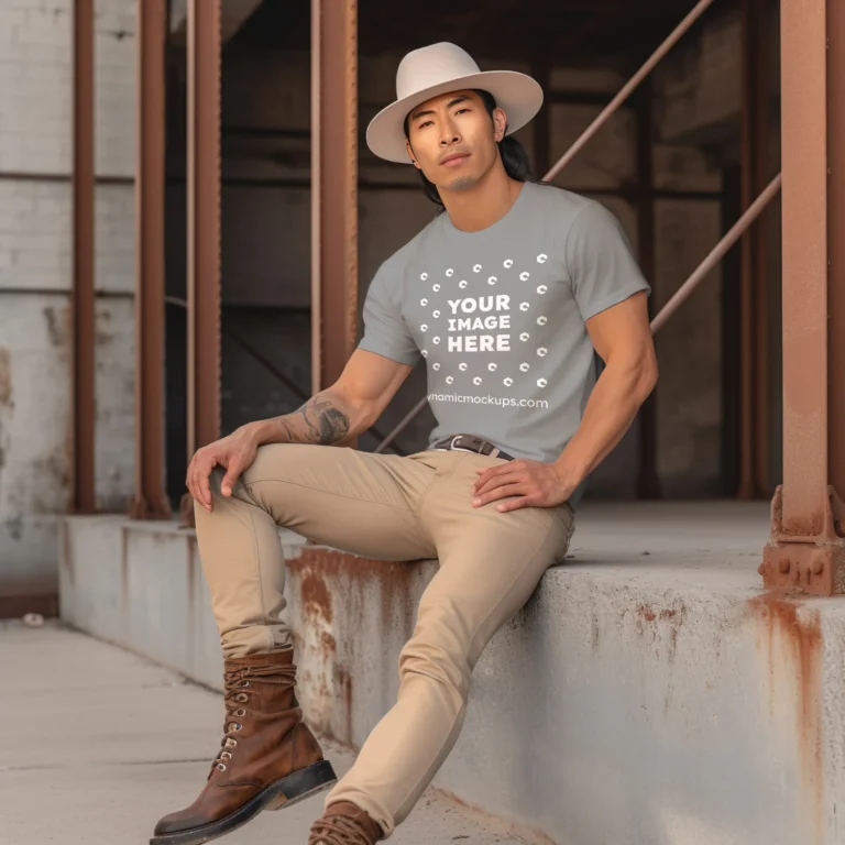 Man Wearing Gray T-shirt Mockup Front View Template