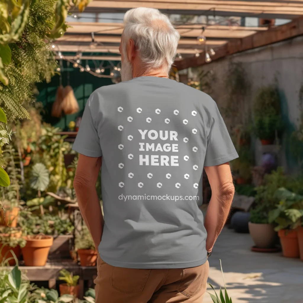 Man Wearing Gray T-shirt Mockup Back View Template