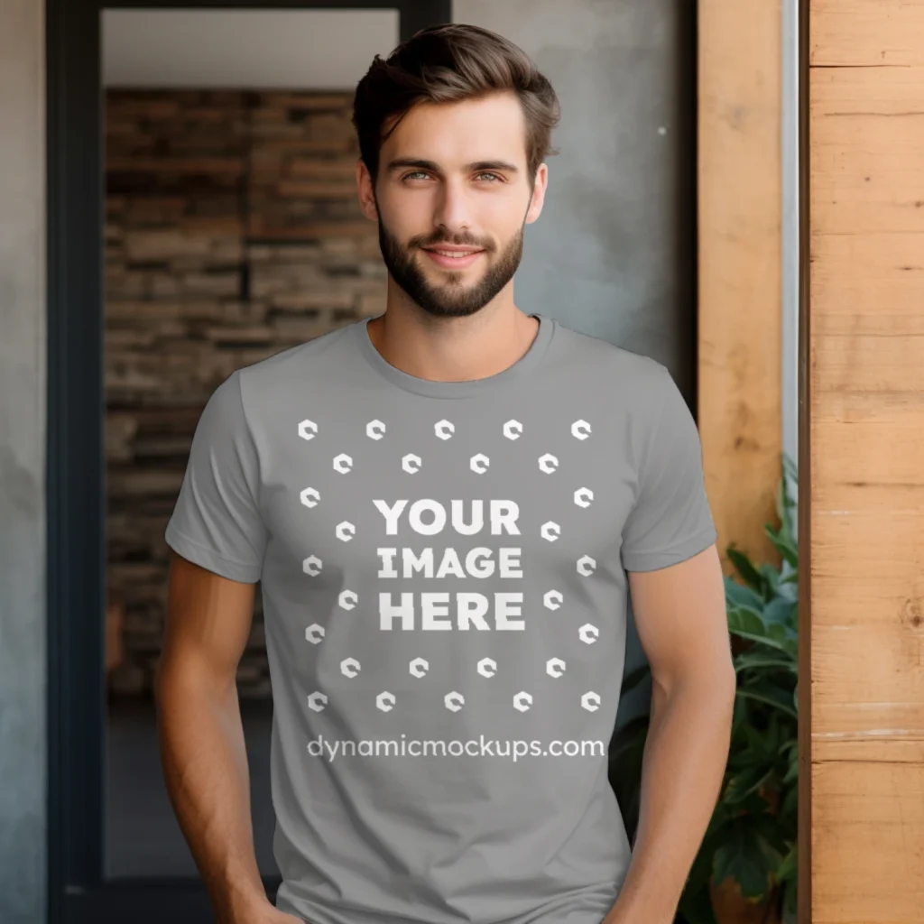 Man Wearing Gray T-shirt Mockup Front View Template