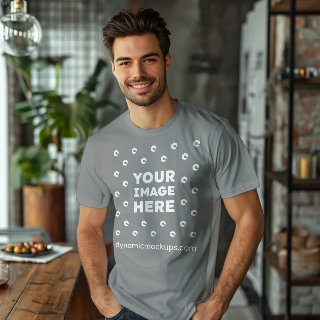 Man Wearing Gray T-shirt Mockup Front View Template