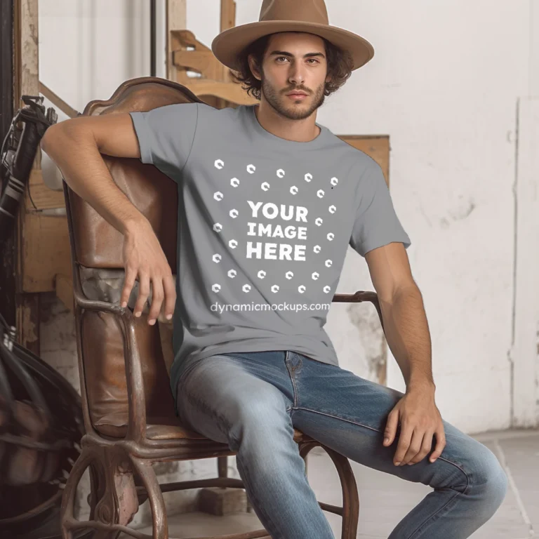 Man Wearing Gray T-shirt Mockup Front View Template