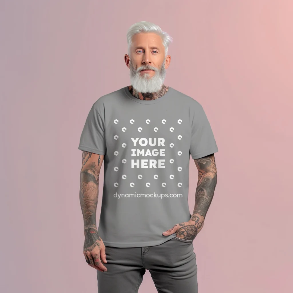 Man Wearing Gray T-shirt Mockup Front View Template