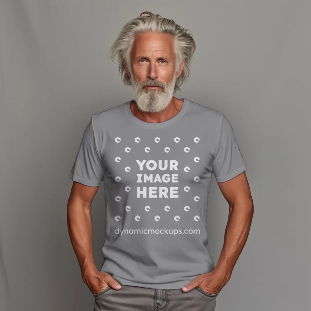 Man Wearing Gray T-shirt Mockup Front View Template