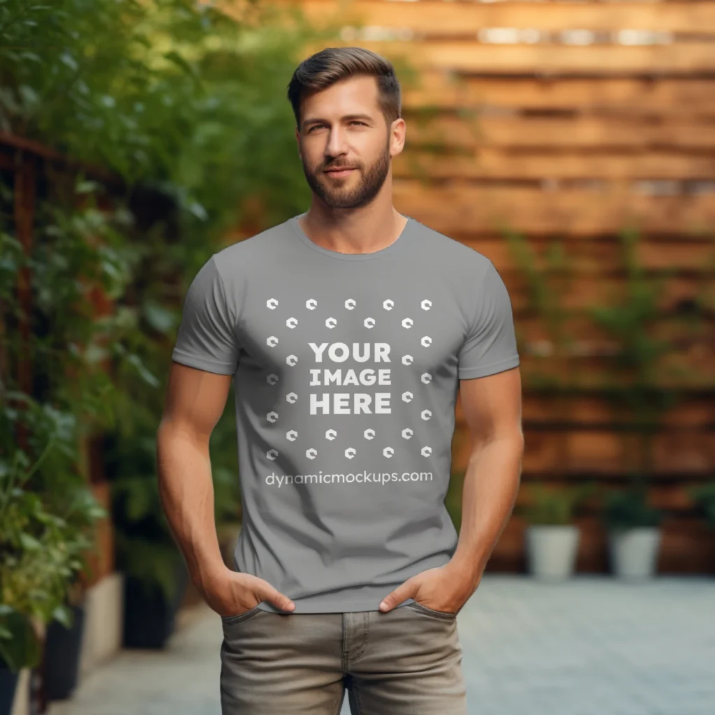 Man Wearing Gray T-shirt Mockup Front View Template