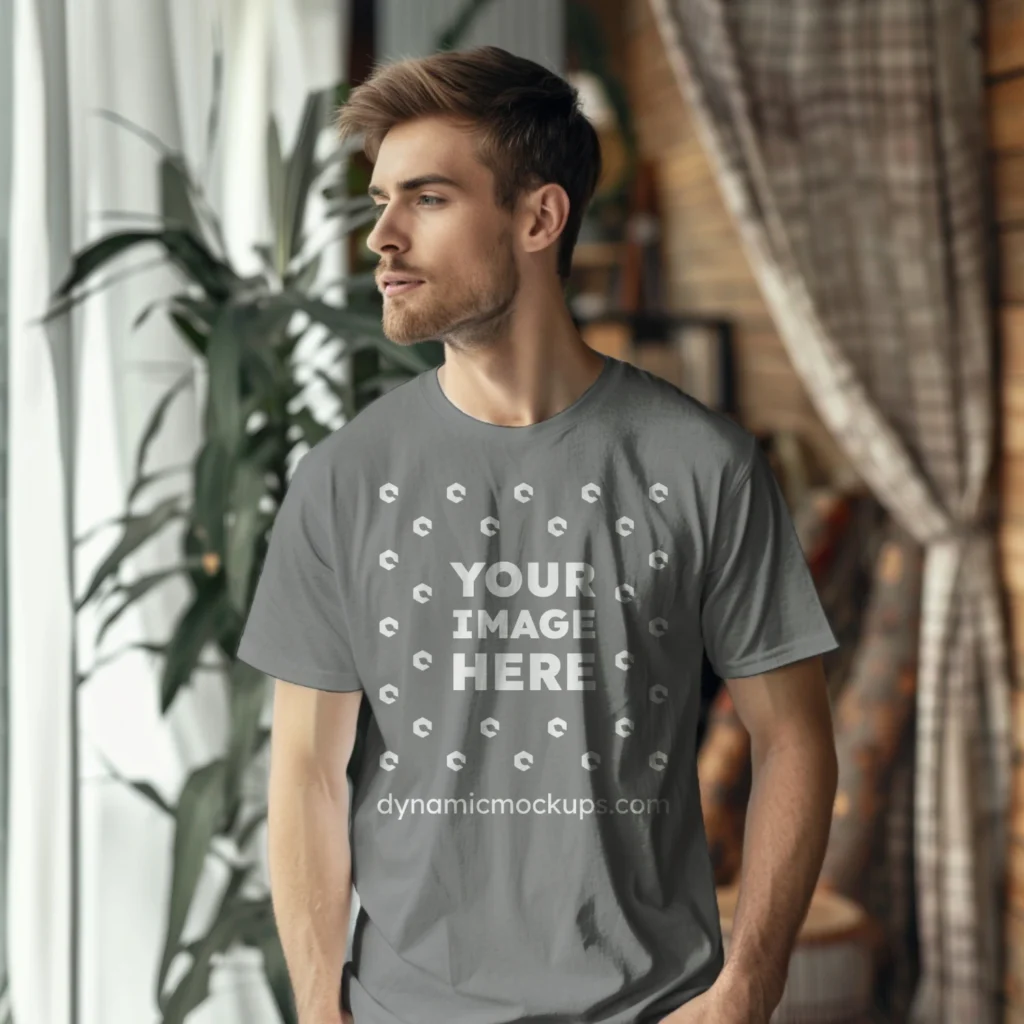 Man Wearing Gray T-shirt Mockup Front View Template