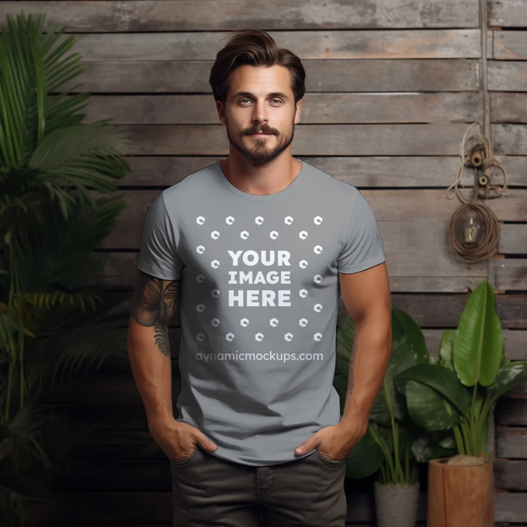 Man Wearing Gray T-shirt Mockup Front View Template