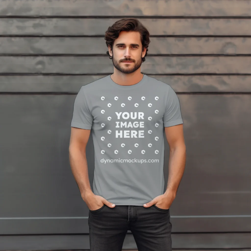 Man Wearing Gray T-shirt Mockup Front View Template