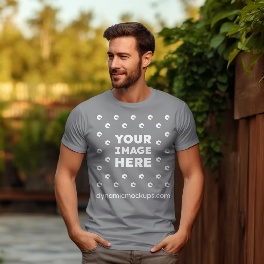 Man Wearing Gray T-shirt Mockup Front View Template