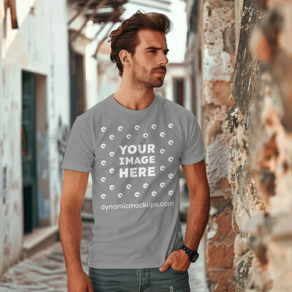 Man Wearing Gray T-shirt Mockup Front View Template