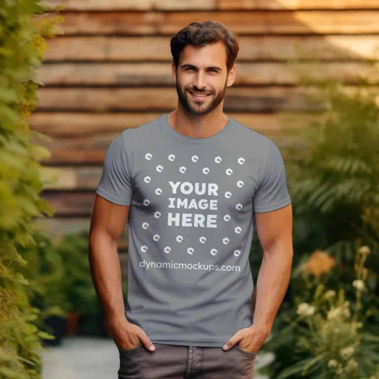 Man Wearing Gray T-shirt Mockup Front View Template